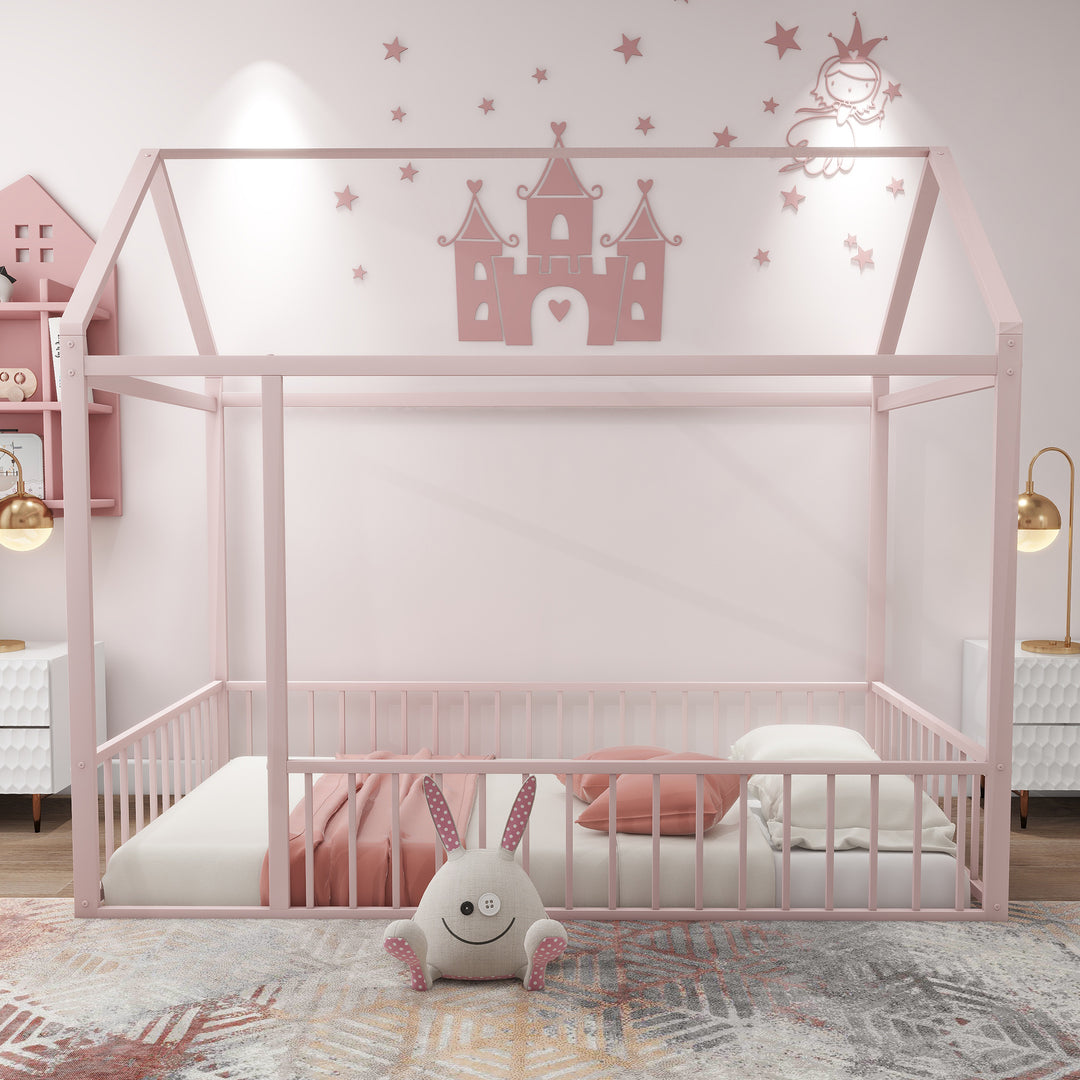 Twin Size Metal Bed House Pink Kids Bed Frame with Fence