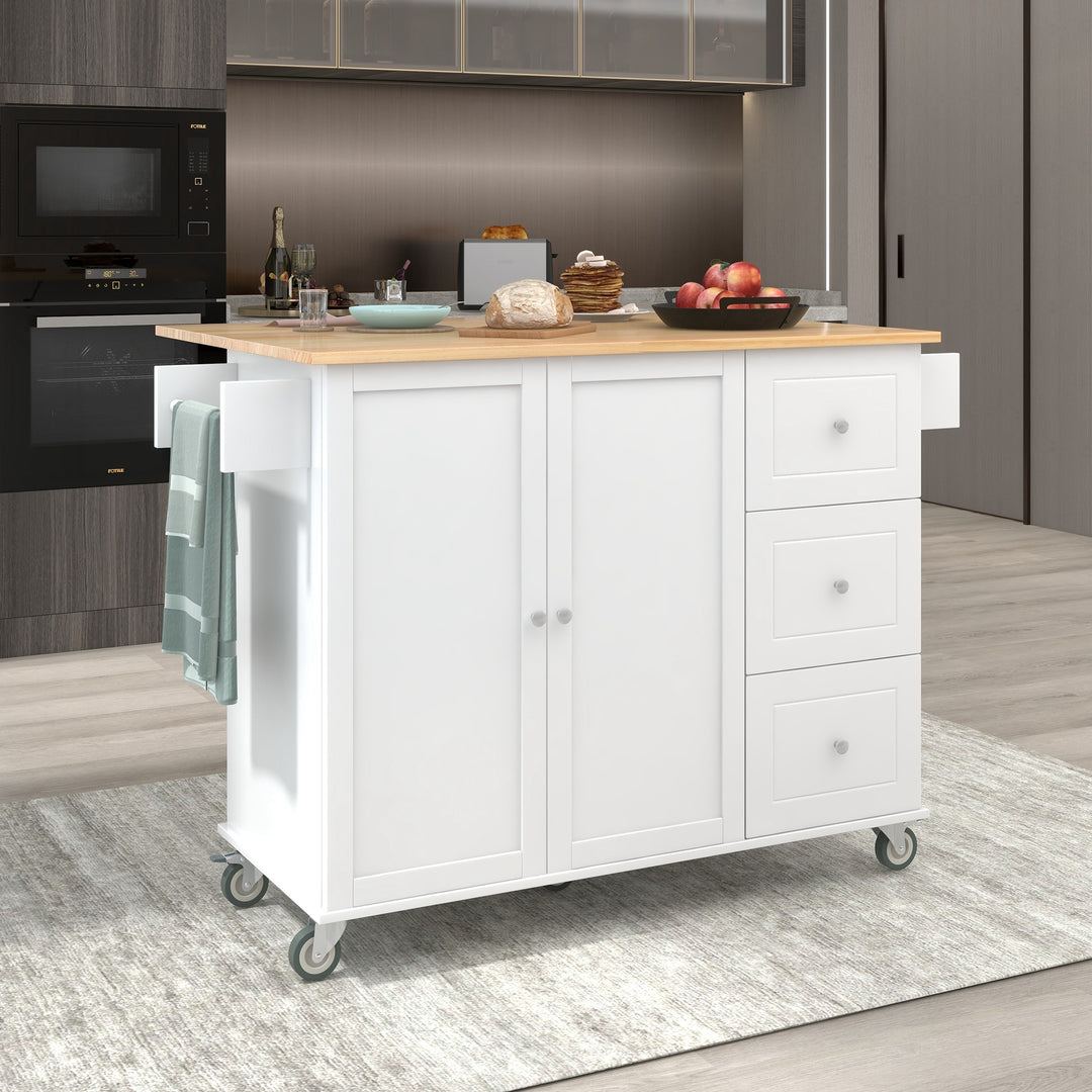 Rolling Mobile White Kitchen Island with Solid Wood Top & Locking Wheels