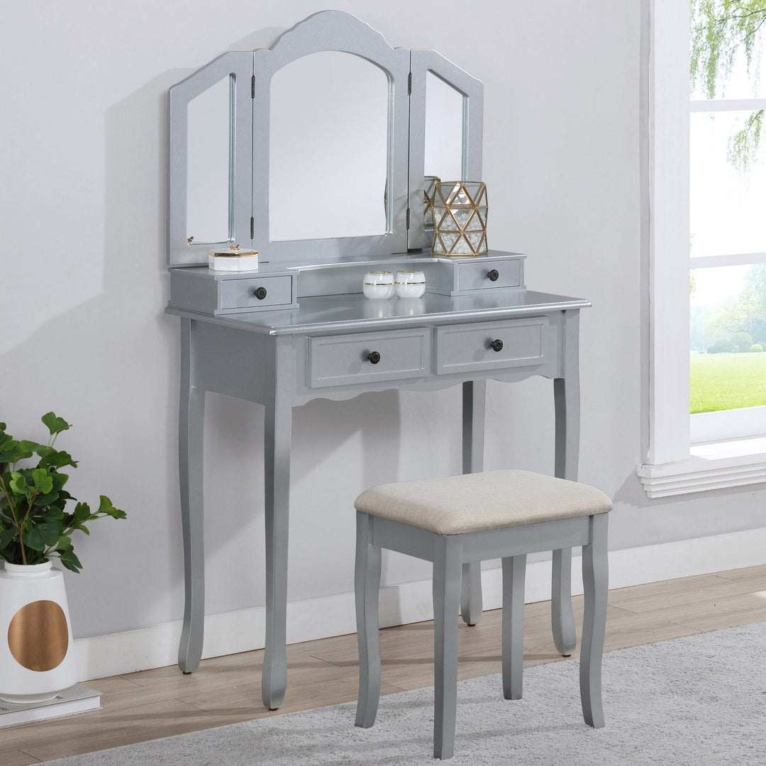 Silver Vanity Make Up Table And Stool Set With Vanity Mirror Bench
