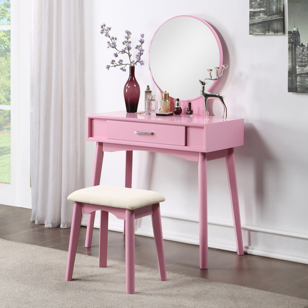 Contemporary Wood Pink Makeup Vanity and Stool Set