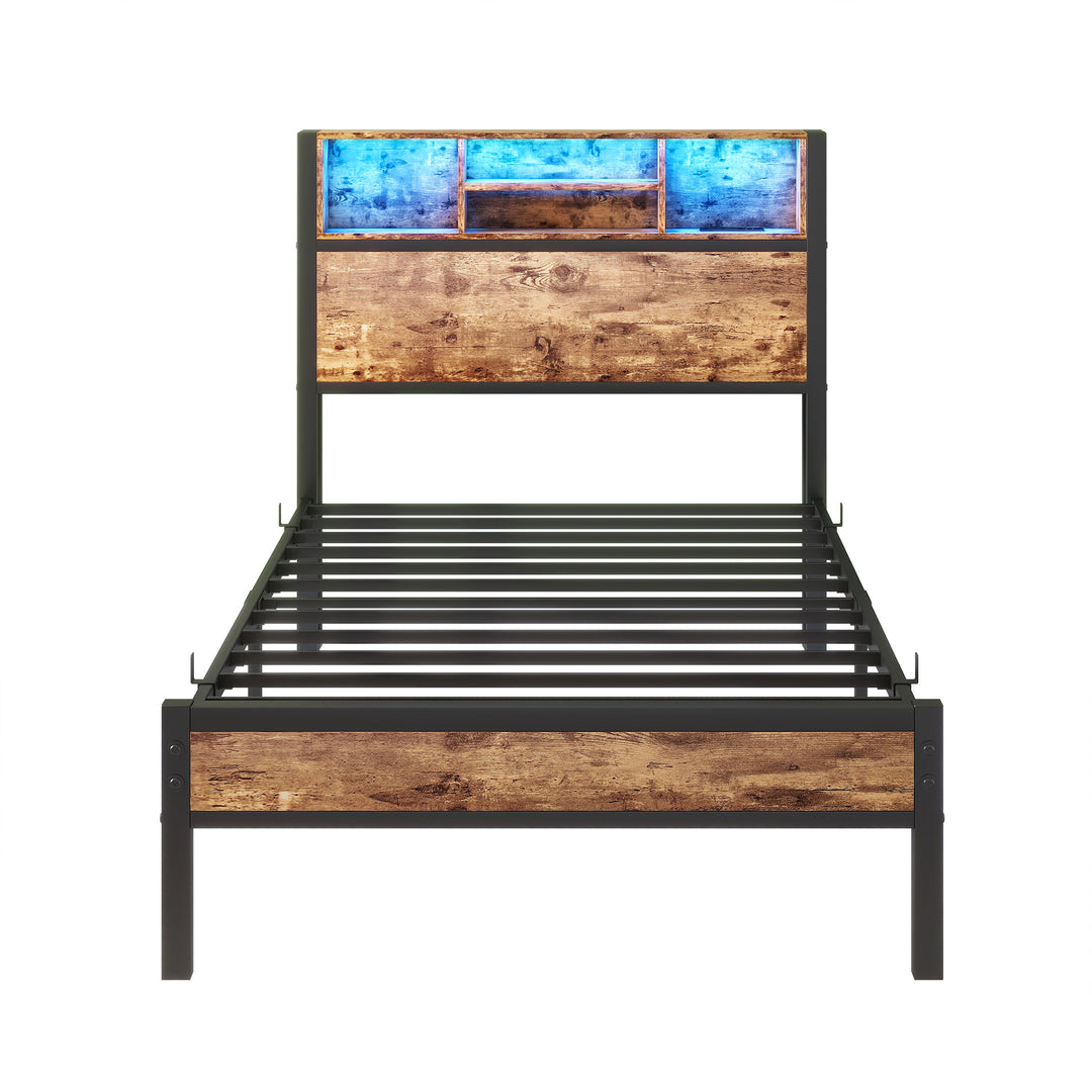 Modern Twin Size Metal Platform Bed Frame with Storage Headboard & Charging Station