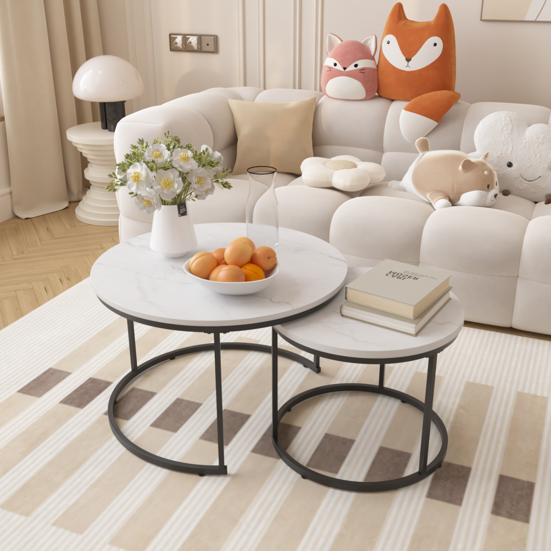 27.6 inch Round Nesting Wood Marble Pattern Top Coffee Table
