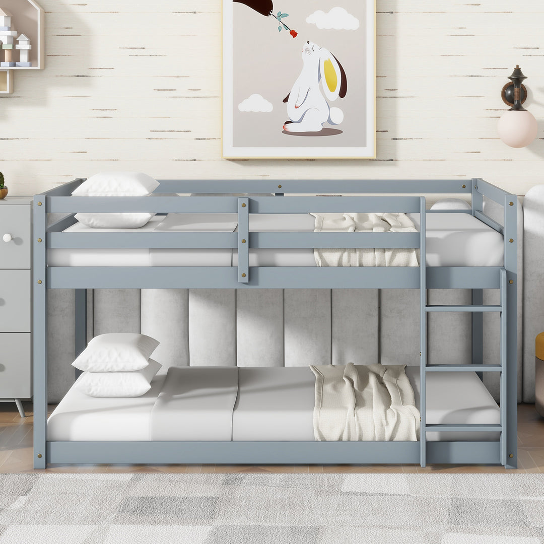 Solid Rubber Wooden Grey Twin over Twin Floor Bunk Bed with Ladder