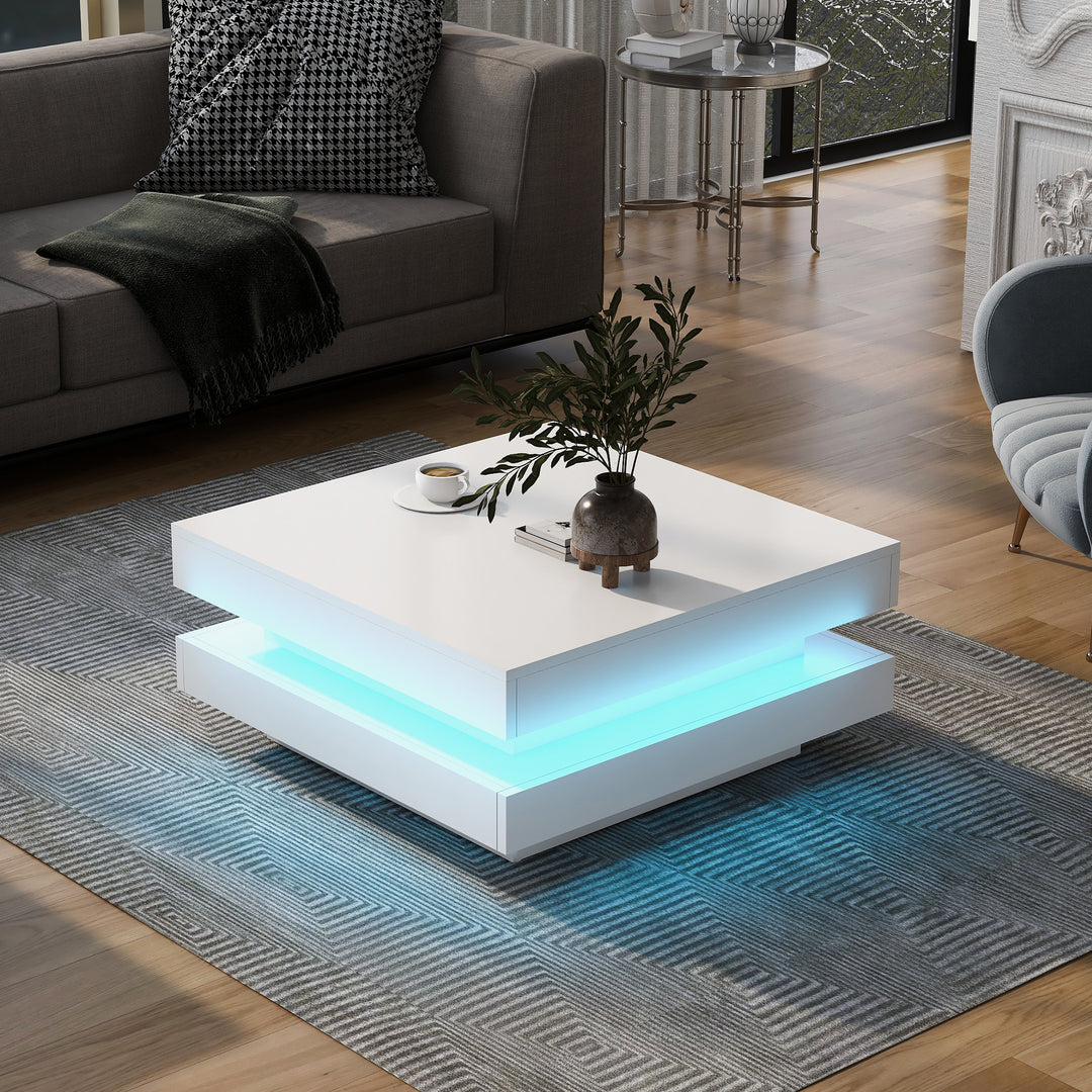 High Gloss Minimalist Design 2-Tier Square White Coffee Table with LED Lights