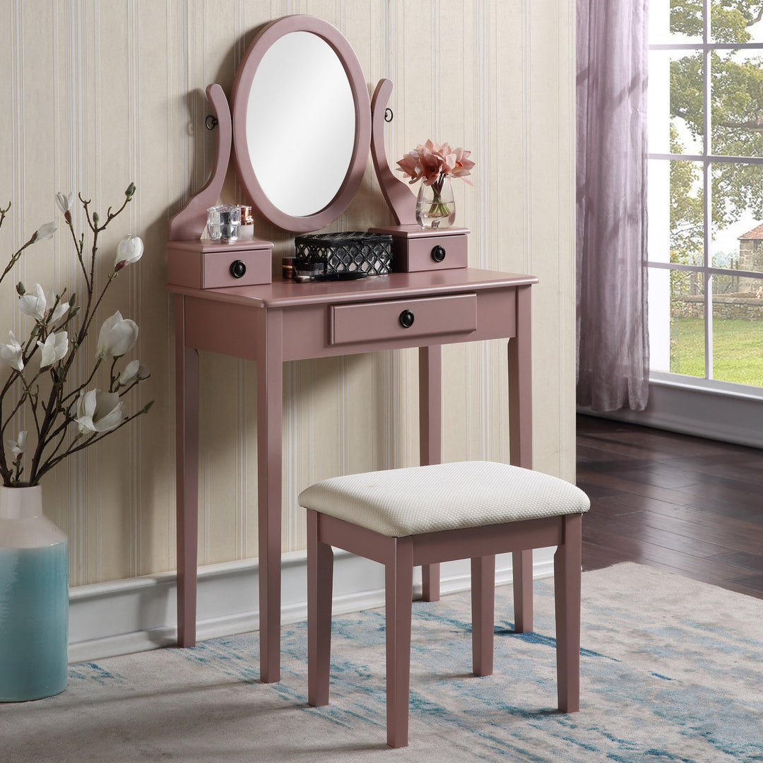 Wood Rose Gold Makeup Vanity Table And Stool Set with 3 Storage Drawers