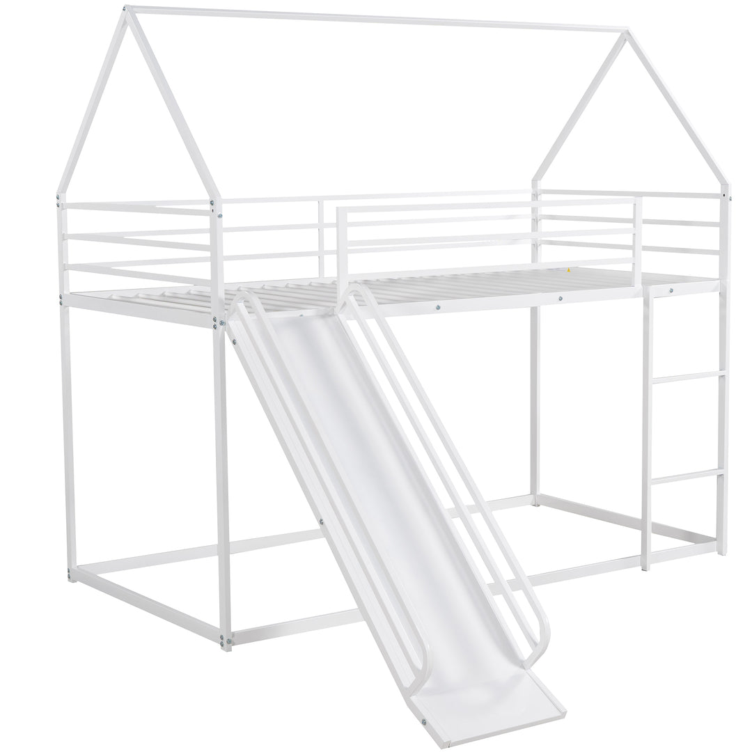 White Twin over Twin House Bunk Bed with Ladder and Slide