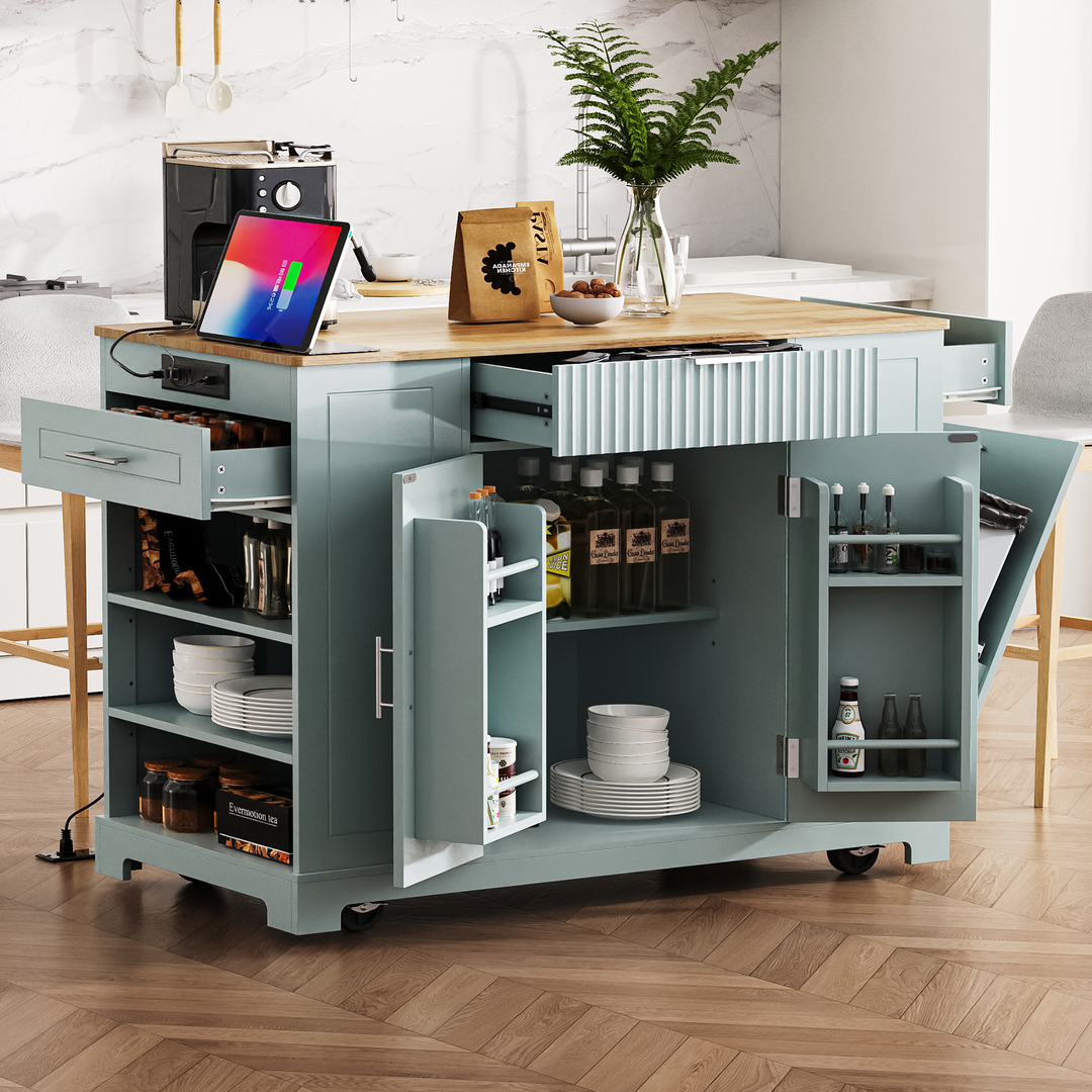 Grey Blue Fluted Kitchen Island with Trash Can Storage Cabinet Power Outlet