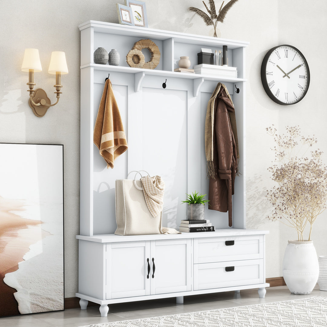 Modern Style Hall Tree White Coat Rack with Storage Cabinet & 2 Large Drawers