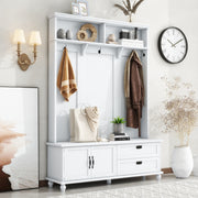Modern Style Hall Tree White Coat Rack with Storage Cabinet & 2 Large Drawers