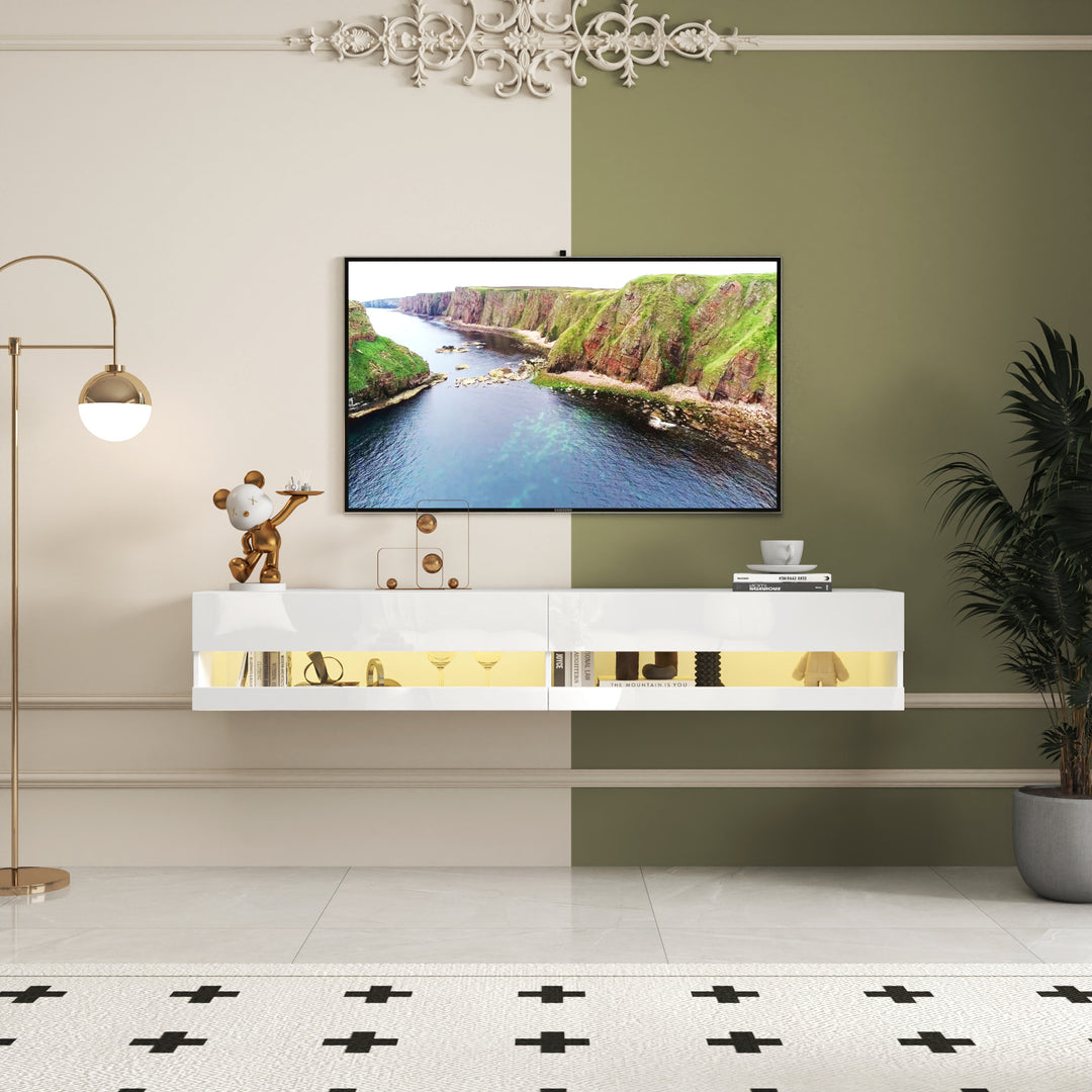 180 Wall Mounted Floating 80' TV Stand with 20 Color LEDs  and Charging Station