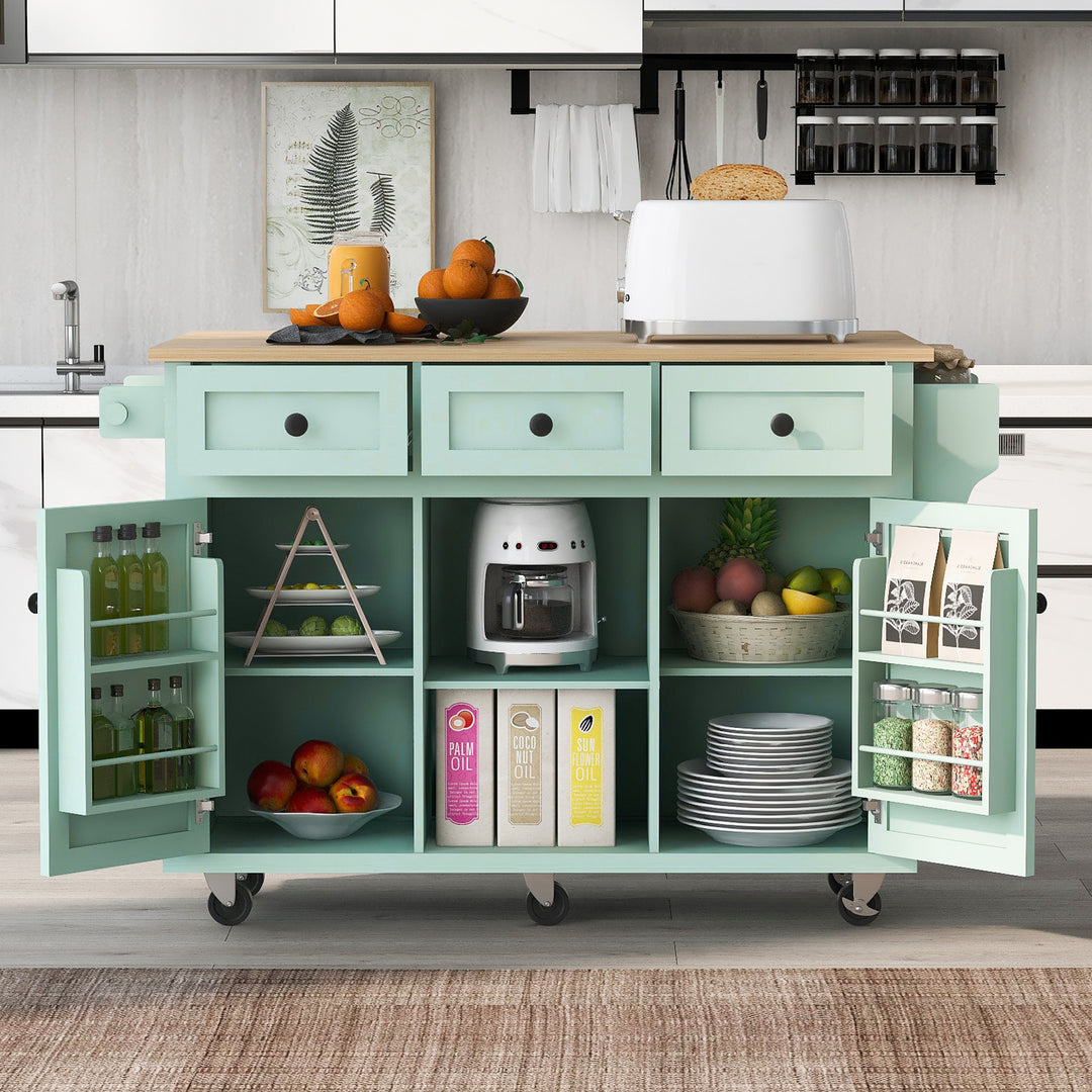 Mint Green Kitchen Cart with Rubber wood Drop-Leaf Countertop