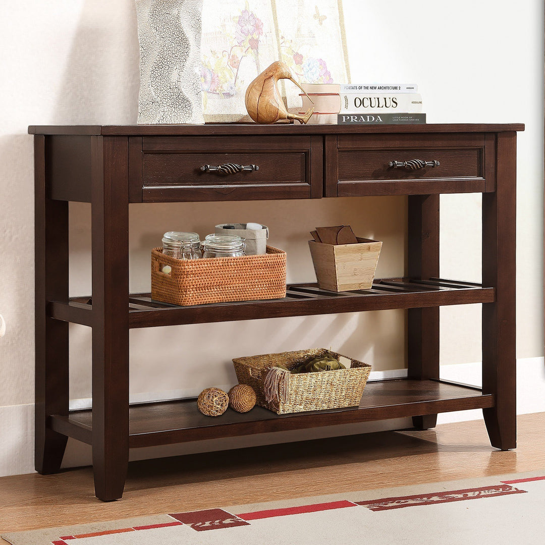 Mid-Century 42'' Console Sofa Table with 2 Storage Drawers & 2 Tiers Shelves